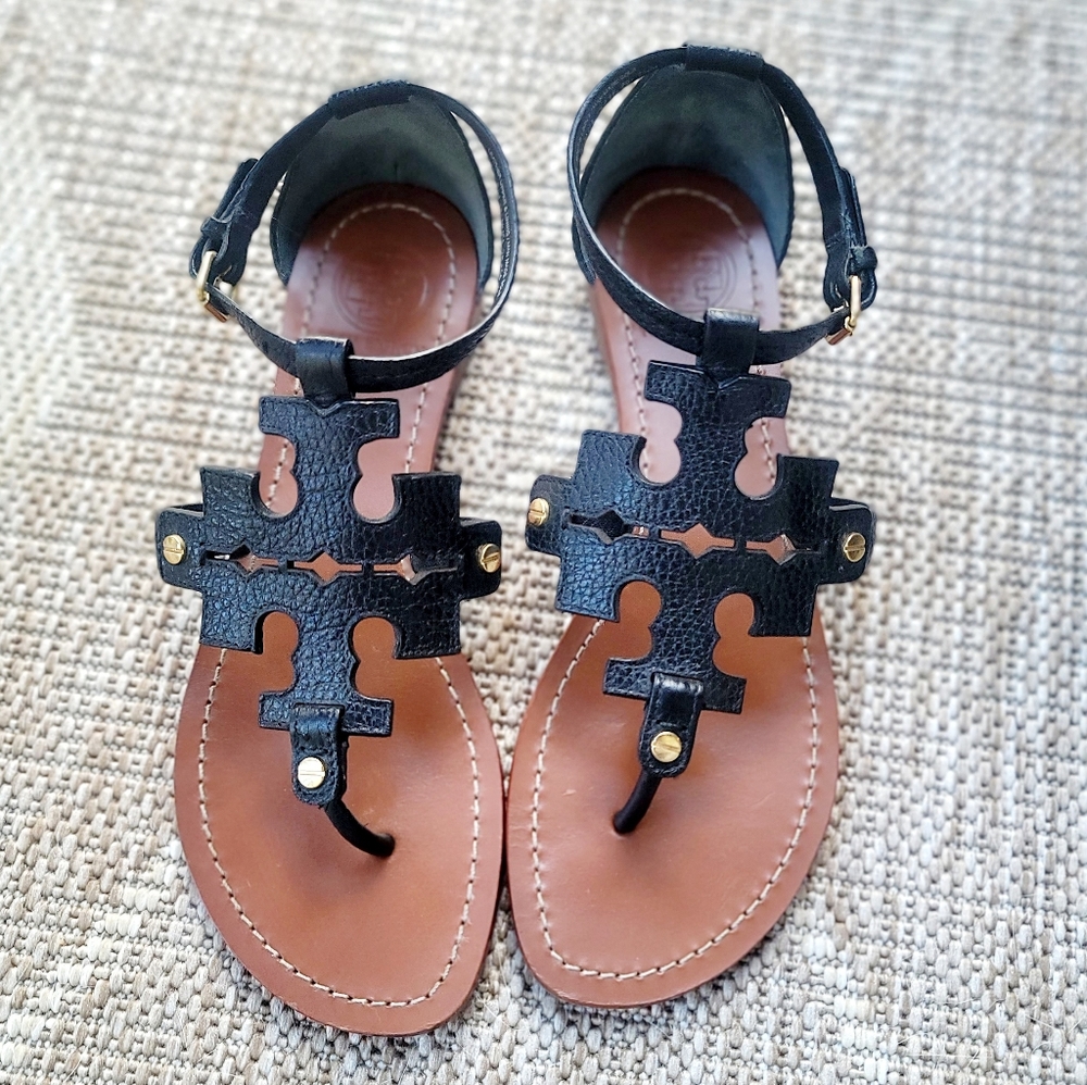 Tori Burch Black Leather Phoebe Flat Thong Sandals size 7.5